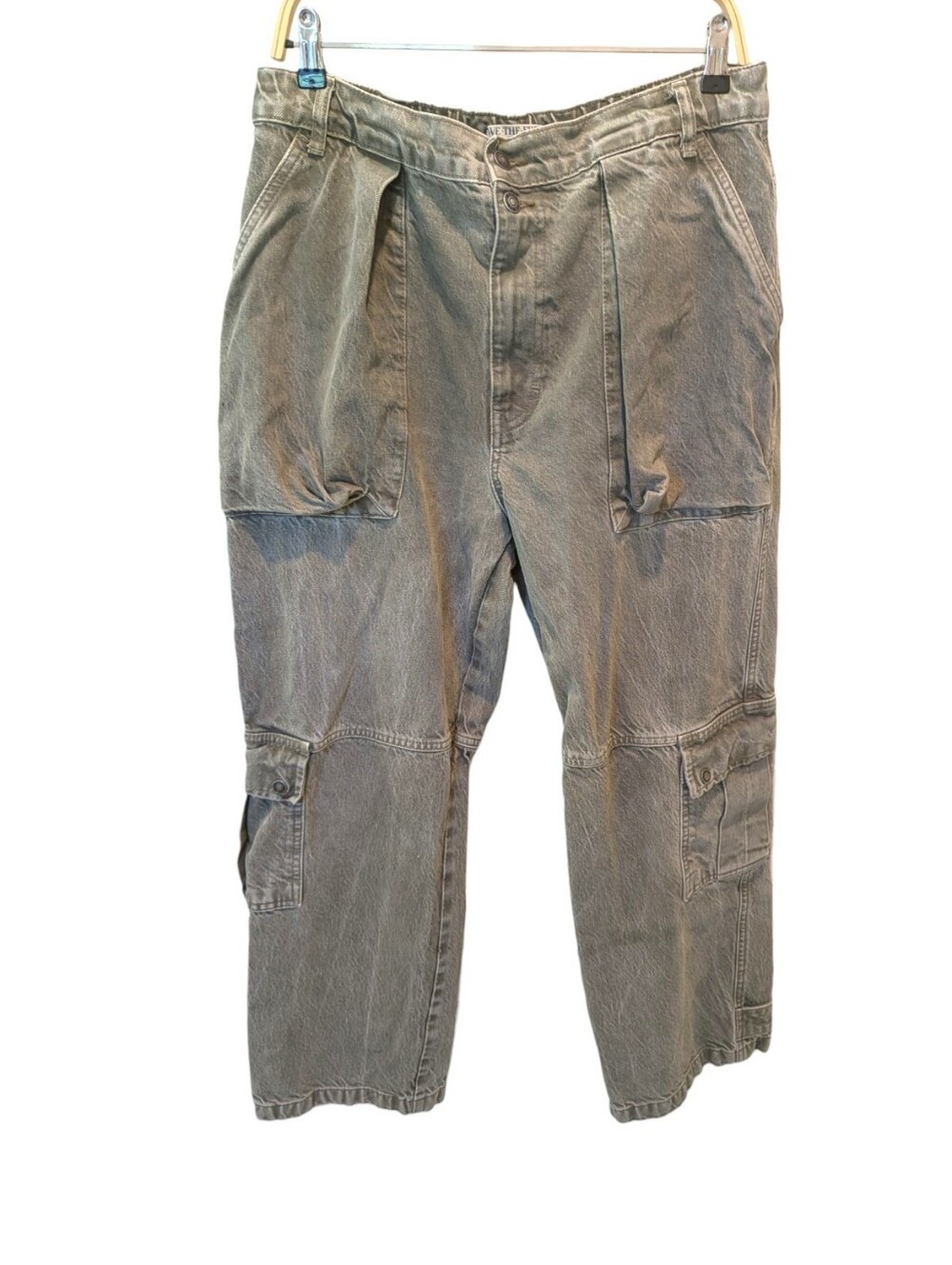 We The Free Marx Slouchy Cargo Pants Olive Gray Utility Wide Leg Boho Size 31